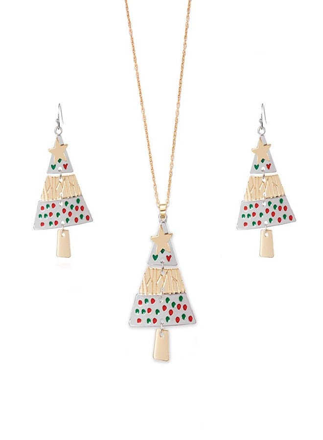MarveBard Christmas Tree Necklace Earring Set for Women Red Green Layered Christmas Tree Pendant Necklace Fashion Layered Xmas Dangle Drop Earrings Xmas Holiday Set Christmas Holiday Winter Party Jewelry (Gold+Silver) - Image 1